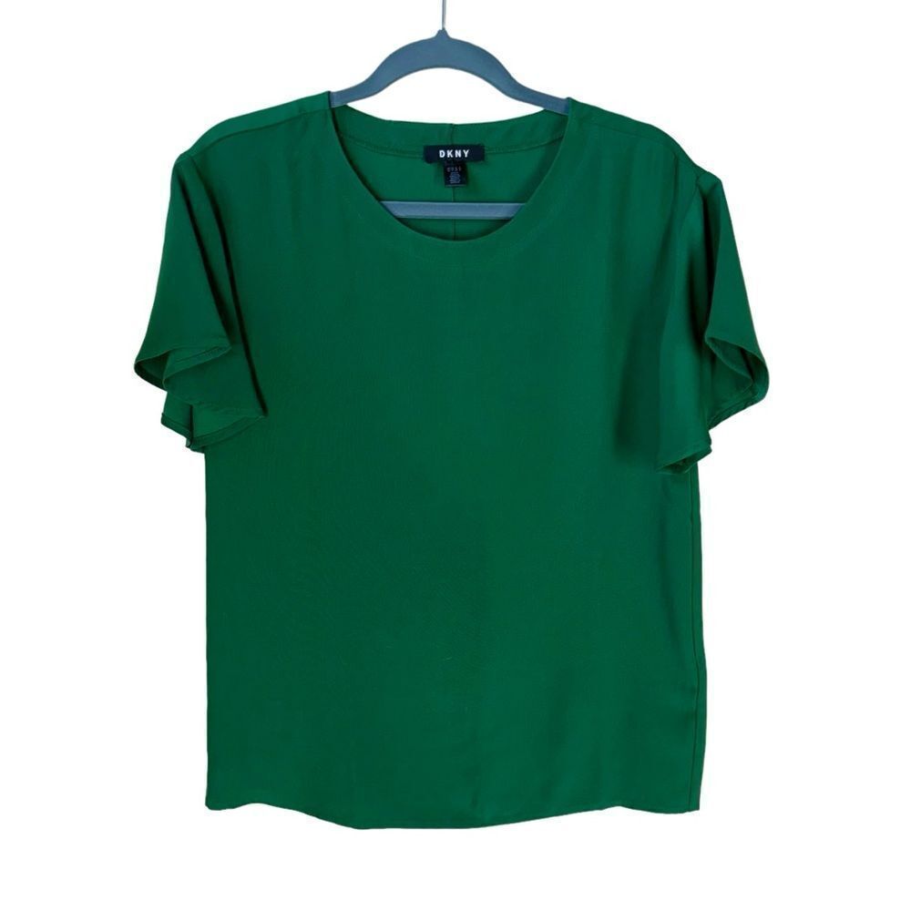 DKNY Flutter Sleeve Blouse Split Hem Back in Hunter Green Short Sleeve Size XS